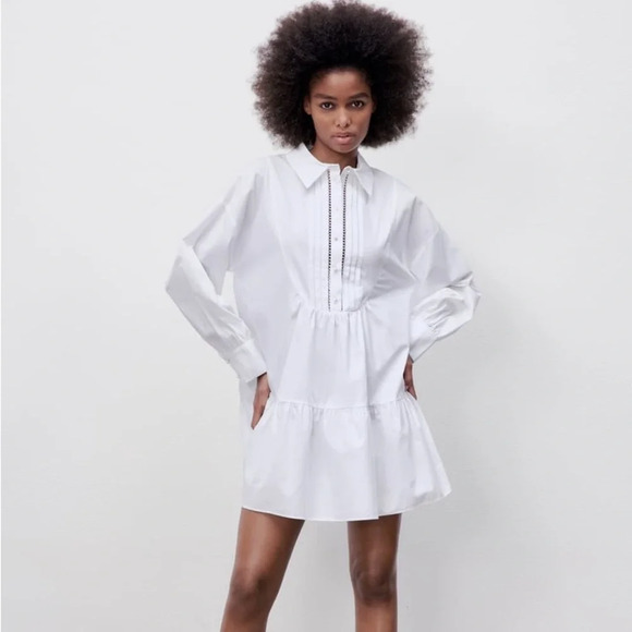 Zara White 100% Cotton Faux Pearl Buttons Voluminous Poplin Shirt Dress - Picture 1 of 12